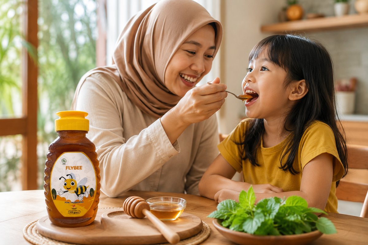 anak minum madu FLYBEE sebagai obat amandel paling ampuh tanpa operasi
